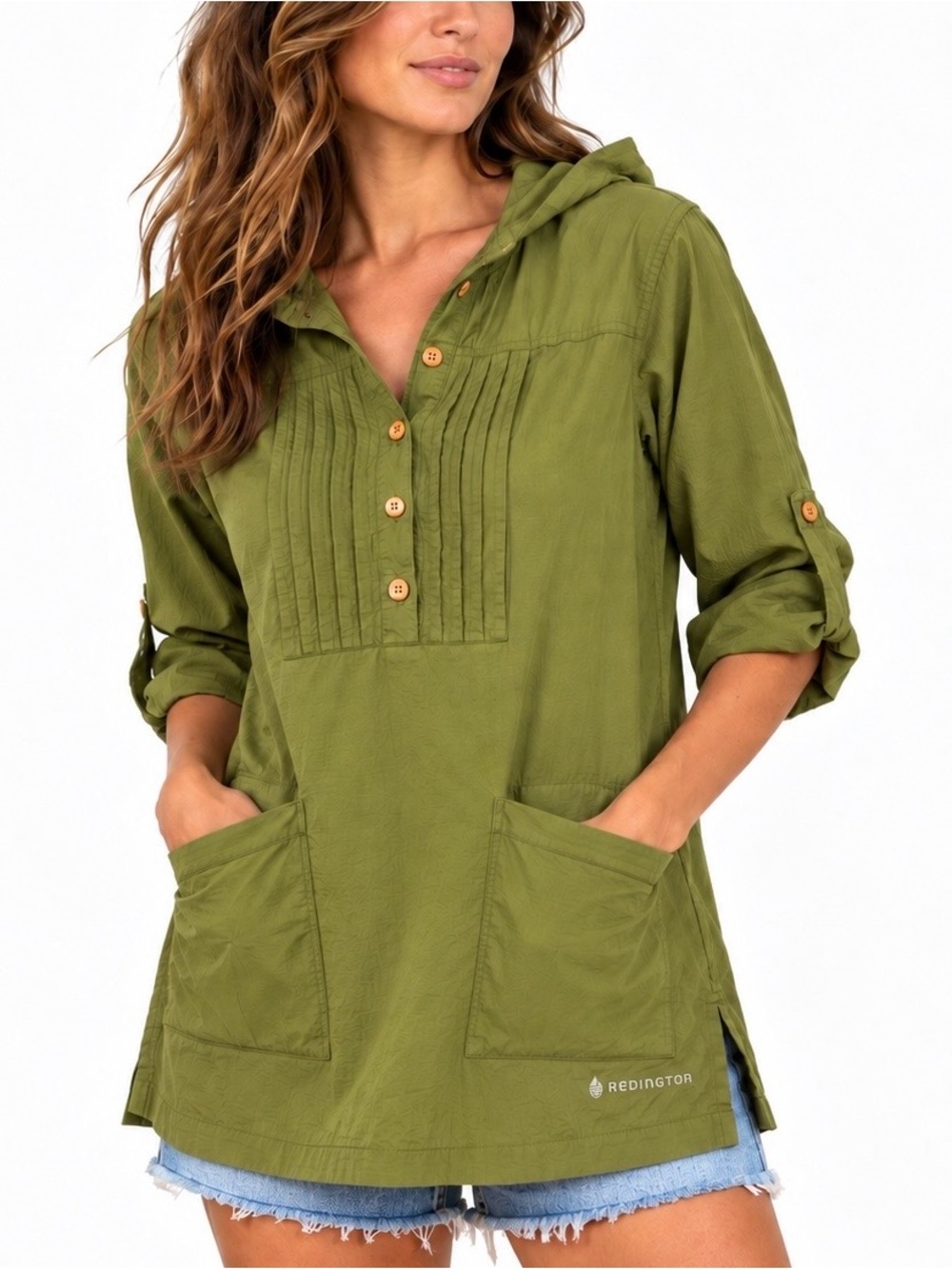 Redington Hooded Fishing Sun Shirt Olive Green Roll Tab Utility Tunic M